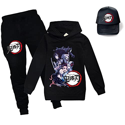 Yumenam Kinder Hoodie + Jogginghose + Baseball Kappe 3pcs Trainingsanzug Anzug Tanjirou Nezuko Gedruckt Kapuzenpullover und Hose Halloween Cosplay Kostüm für Demon Slayer Anime Mädchen Jungen von Yumenam