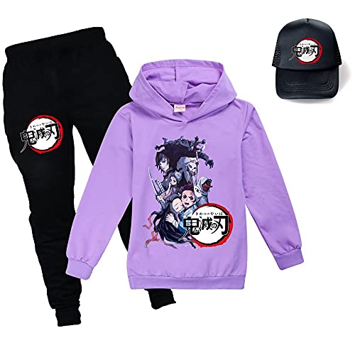 Yumenam Kinder Hoodie + Jogginghose + Baseball Kappe 3pcs Trainingsanzug Anzug Tanjirou Nezuko Gedruckt Kapuzenpullover und Hose Halloween Cosplay Kostüm für Demon Slayer Anime Mädchen Jungen von Yumenam