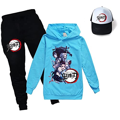 Yumenam Kinder Hoodie + Jogginghose + Baseball Kappe 3pcs Trainingsanzug Anzug Tanjirou Nezuko Gedruckt Kapuzenpullover und Hose Sportbekleidung für Demon Slayer Anime Liebhaber Mädchen Jungen von Yumenam