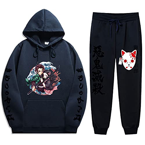 Yumenam Unisex 2PCS Trainingsanzug Kimetsu no Yaiba Tanjirou Nezuko 3D Drucken Langarm Kapuzenpullover + Sweathose Sportsuit Sweatshirts Lange Hose Hip Hop Streetwear Outfit von Yumenam