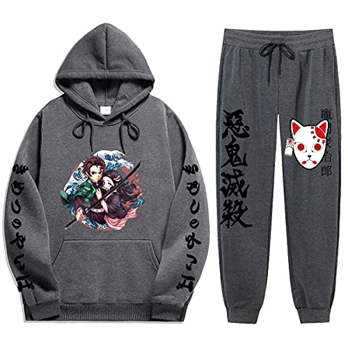 Yumenam Unisex 2PCS Trainingsanzug Kimetsu no Yaiba Tanjirou Nezuko 3D Drucken Langarm Kapuzenpullover + Sweathose Sportsuit Sweatshirts Lange Hose Hip Hop Streetwear Outfit von Yumenam