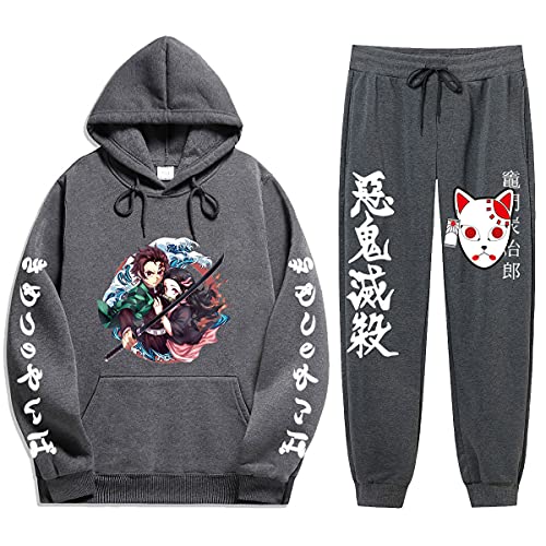 Yumenam Unisex 2PCS Trainingsanzug Tanjirou Nezuko 3D Drucken Langarm Kapuzenpullover + Sweathose Kimetsu no Yaiba Sweatshirts Lange Hose Hip Hop Streetwear Outfit Sportsuit von Yumenam