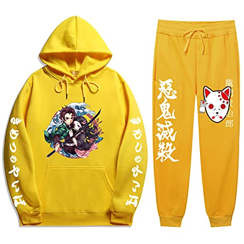 Yumenam Unisex 2PCS Trainingsanzug Tanjirou Nezuko 3D Drucken Langarm Kapuzenpullover + Sweathose Kimetsu no Yaiba Sweatshirts Lange Hose Hip Hop Streetwear Outfit Sportsuit von Yumenam