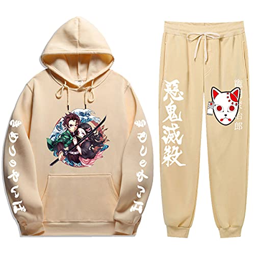 Yumenam Unisex 2PCS Trainingsanzug Tanjirou Nezuko 3D Drucken Langarm Kapuzenpullover + Sweathose Kimetsu no Yaiba Sweatshirts Lange Hose Hip Hop Streetwear Outfit Sportsuit von Yumenam