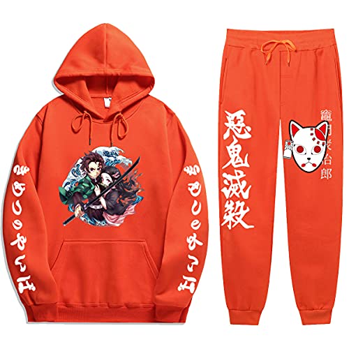 Yumenam Unisex 2PCS Trainingsanzug Tanjirou Nezuko 3D Drucken Langarm Kapuzenpullover + Sweathose Kimetsu no Yaiba Sweatshirts Lange Hose Hip Hop Streetwear Outfit Sportsuit von Yumenam