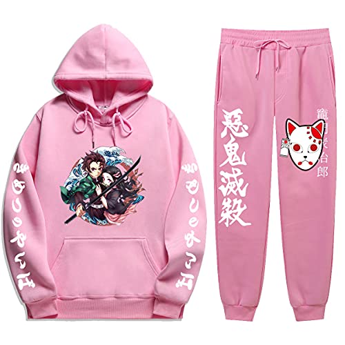 Yumenam Unisex 2PCS Trainingsanzug Tanjirou Nezuko 3D Drucken Langarm Kapuzenpullover + Sweathose Kimetsu no Yaiba Sweatshirts Lange Hose Hip Hop Streetwear Outfit Sportsuit von Yumenam