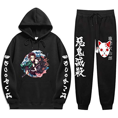 Yumenam Unisex 2PCS Trainingsanzug Tanjirou Nezuko 3D Drucken Langarm Kapuzenpullover + Sweathose Kimetsu no Yaiba Sweatshirts Lange Hose Hip Hop Streetwear Outfit Sportsuit von Yumenam