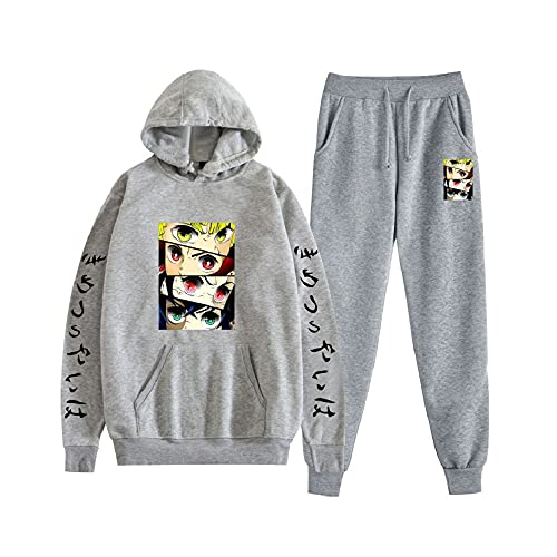 Yumenam Unisex Demon Slayer 2PCS Trainingsanzug Kimetsu no Yaiba Tanjirou Nezuko Zenitsu Inosuke Drucken Langarm Kapuzenpullover + Sweathose Sportsuit Sweatshirts Lange Hose Hip Hop Streetwear Outfit von Yumenam