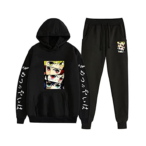 Yumenam Unisex Demon Slayer 2PCS Trainingsanzug Kimetsu no Yaiba Tanjirou Nezuko Zenitsu Inosuke Drucken Langarm Kapuzenpullover + Sweathose Sportsuit Sweatshirts Lange Hose Hip Hop Streetwear Outfit von Yumenam