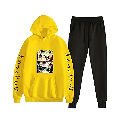 Yumenam Unisex Demon Slayer 2PCS Trainingsanzug Kimetsu no Yaiba Tanjirou Nezuko Zenitsu Inosuke Drucken Langarm Kapuzenpullover + Sweathose Sportsuit Sweatshirts Lange Hose Hip Hop Streetwear Outfit von Yumenam