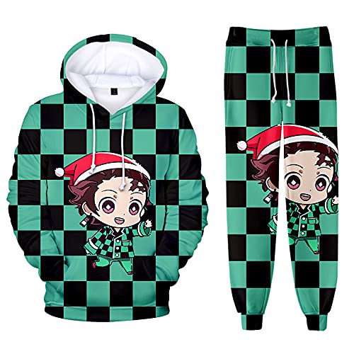 Yumenam Unisex Demon Slayer 2PCS Trainingsanzug Weihnachtsthema Tanjirou Nezuko Zenitsu 3D Drucken Langarm Kapuzenpullover + Sweathose Sweatshirts Lange Hose Hip Hop Streetwear Outfit Sportsuit von Yumenam