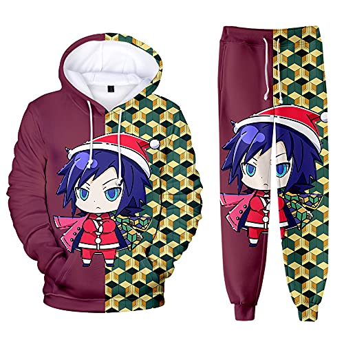 Yumenam Unisex Demon Slayer 2PCS Trainingsanzug Weihnachtsthema Tanjirou Nezuko Zenitsu 3D Drucken Langarm Kapuzenpullover + Sweathose Sweatshirts Lange Hose Hip Hop Streetwear Outfit Sportsuit von Yumenam