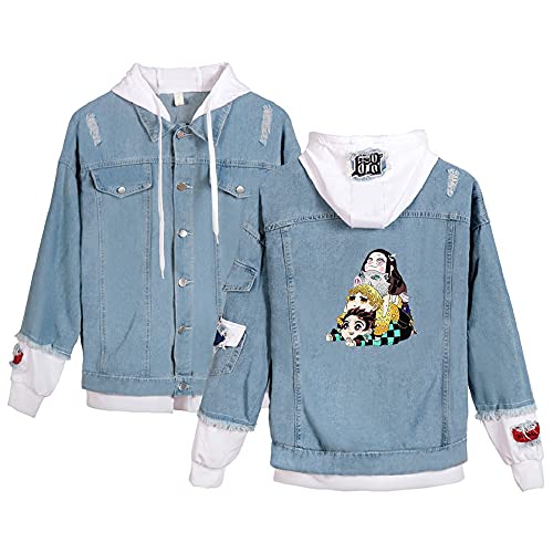 Yumenam Unisex Jeansjacke mit Kapuze Karikatur Cosplay Kostüm Tanjirou Nezuko Zenitsu Inosuke Druck Lange Ärmel Mode Casual Hooded Denim Jacke Hoodie Sweatshirt Mantel Outwear für Männer und Frauen von Yumenam