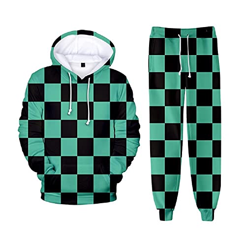 Yumenam Unisex Karikatur 2PCS Trainingsanzug Kimetsu no Yaiba Tanjirou Nezuko 3D Drucken Langarm Kapuzenpullover + Sweathose Sportsuit Sweatshirts Lange Hose Hip Hop Streetwear Outfit von Yumenam