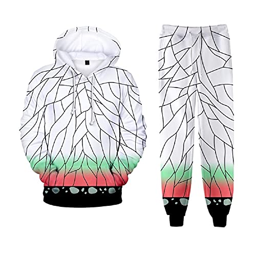 Yumenam Unisex Karikatur 2PCS Trainingsanzug Kimetsu no Yaiba Tanjirou Nezuko 3D Drucken Langarm Kapuzenpullover + Sweathose Sportsuit Sweatshirts Lange Hose Hip Hop Streetwear Outfit von Yumenam