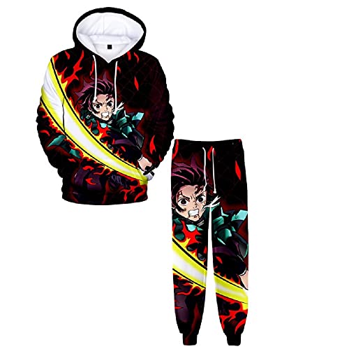 Yumenam Unisex Karikatur 2PCS Trainingsanzug Kimetsu no Yaiba Tanjirou Nezuko 3D Drucken Langarm Kapuzenpullover + Sweathose Sportsuit Sweatshirts Lange Hose Hip Hop Streetwear Outfit von Yumenam