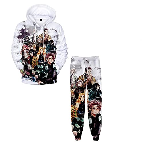 Yumenam Unisex Karikatur 2PCS Trainingsanzug Kimetsu no Yaiba Tanjirou Nezuko 3D Drucken Langarm Kapuzenpullover + Sweathose Sportsuit Sweatshirts Lange Hose Hip Hop Streetwear Outfit von Yumenam