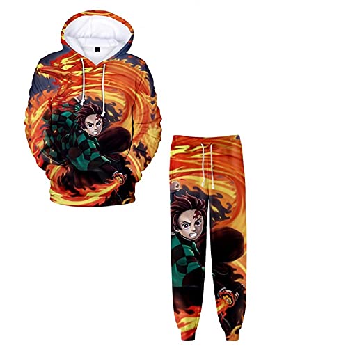 Yumenam Unisex Karikatur 2PCS Trainingsanzug Kimetsu no Yaiba Tanjirou Nezuko 3D Drucken Langarm Kapuzenpullover + Sweathose Sportsuit Sweatshirts Lange Hose Hip Hop Streetwear Outfit von Yumenam