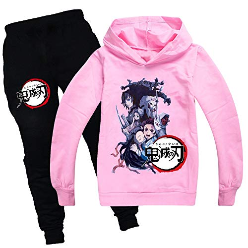 Yumenam Unisex Kinder Hoodie + Jogginghose 2pcs Anzug Tanjirou Nezuko Gedruckt Lange Ärmel Kapuzenpullover und Schwarz Lange Hose Sportbekleidung für Anime Liebhaber Mädchen Jungen von Yumenam