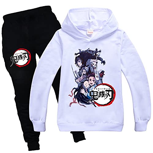 Yumenam Unisex Kinder Hoodie + Jogginghose 2pcs Anzug Tanjirou Nezuko Gedruckt Lange Ärmel Kapuzenpullover und Schwarz Lange Hose Sportbekleidung für Demon Slayer Anime Liebhaber Mädchen Jungen von Yumenam