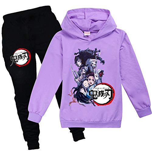 Yumenam Unisex Kinder Hoodie + Jogginghose 2pcs Anzug Tanjirou Nezuko Gedruckt Lange Ärmel Kapuzenpullover und Schwarz Lange Hose Sportbekleidung für Demon Slayer Anime Liebhaber Mädchen Jungen von Yumenam