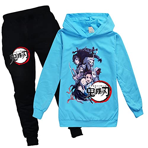 Yumenam Unisex Kinder Hoodie + Jogginghose 2pcs Anzug Tanjirou Nezuko Gedruckt Lange Ärmel Kapuzenpullover und Schwarz Lange Hose Sportbekleidung für Demon Slayer Anime Liebhaber Mädchen Jungen von Yumenam