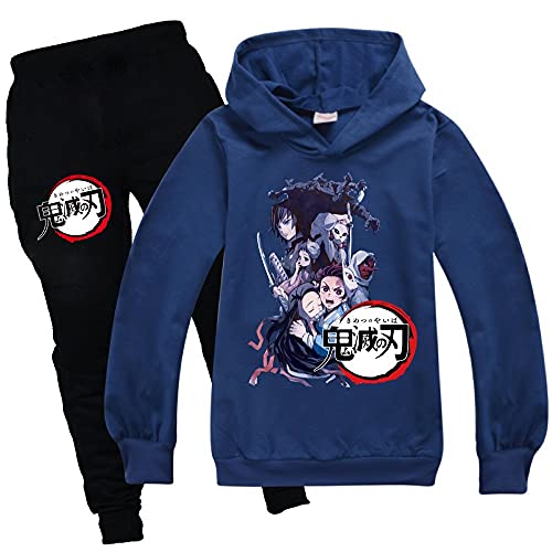 Yumenam Unisex Kinder Hoodie + Jogginghose 2pcs Anzug Tanjirou Nezuko Gedruckt Lange Ärmel Kapuzenpullover und Schwarz Lange Hose Sportbekleidung für Demon Slayer Anime Liebhaber Mädchen Jungen von Yumenam