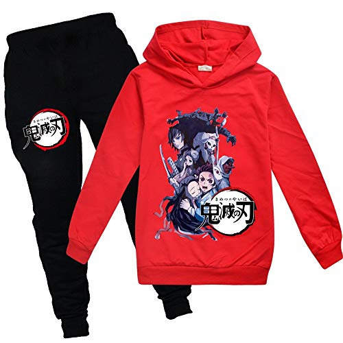 Yumenam Unisex Kinder Hoodie + Jogginghose 2pcs Anzug Tanjirou Nezuko Gedruckt Lange Ärmel Kapuzenpullover und Schwarz Lange Hose Sportbekleidung für Demon Slayer Anime Liebhaber Mädchen Jungen von Yumenam