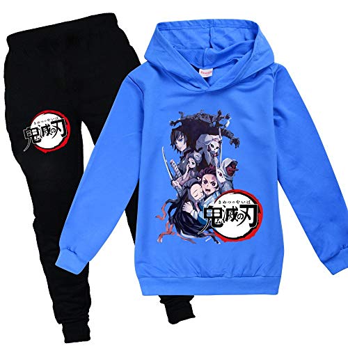 Yumenam Unisex Kinder Hoodie + Jogginghose 2pcs Anzug Tanjirou Nezuko Gedruckt Lange Ärmel Kapuzenpullover und Schwarz Lange Hose Sportbekleidung für Demon Slayer Anime Liebhaber Mädchen Jungen von Yumenam