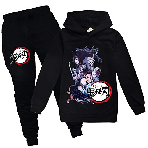 Yumenam Unisex Kinder Hoodie + Jogginghose 2pcs Anzug Tanjirou Nezuko Gedruckt Lange Ärmel Kapuzenpullover und Schwarz Lange Hose Sportbekleidung für Anime Liebhaber Mädchen Jungen von Yumenam