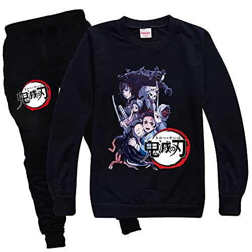 Yumenam Unisex Kinder Sweatshirt + Jogginghose 2pcs Anzug Tanjirou Nezuko Gedruckt Rundhals Lange Ärmel Pullover Tops und Lange Hose Sportbekleidung für Anime Liebhaber Mädchen Jungen von Yumenam