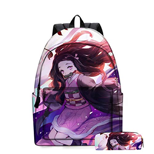 Yumenam Unisex Rucksack + Federmäppchen Tanjirou Nezuko 3D Anime Druck Casual Daypack Laptop Rucksack Schoolbag Multifunktions-Rucksack für Jungen und Mädchen Demon Slayer Fans von Yumenam