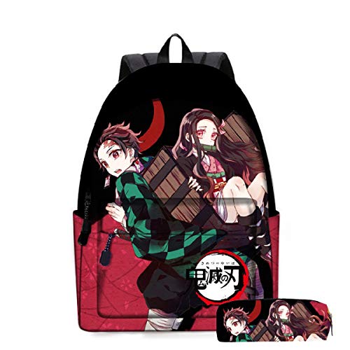 Yumenam Unisex Rucksack + Federmäppchen Tanjirou Nezuko 3D Anime Druck Casual Daypack Laptop Rucksack Schoolbag Multifunktions-Rucksack für Jungen und Mädchen Demon Slayer Fans von Yumenam