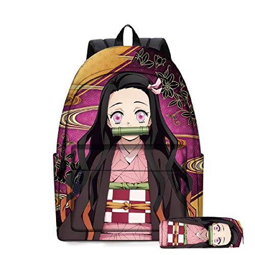 Yumenam Unisex Rucksack + Federmäppchen Tanjirou Nezuko 3D Anime Druck Casual Daypack Laptop Rucksack Schoolbag Multifunktions-Rucksack für Jungen und Mädchen Demon Slayer Fans von Yumenam