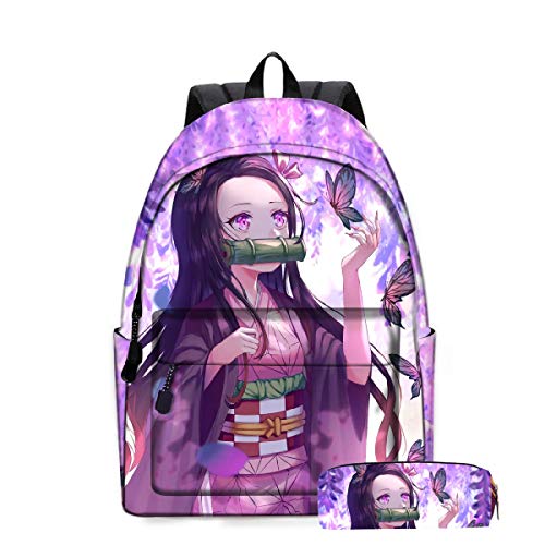 Yumenam Unisex Rucksack + Federmäppchen Tanjirou Nezuko 3D Anime Druck Casual Daypack Laptop Rucksack Schoolbag Multifunktions-Rucksack für Jungen und Mädchen Demon Slayer Fans von Yumenam