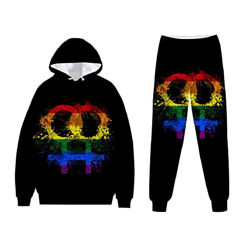 Yumenam Unisex Trainingsanzug LGBT Gay Lesbian Pride 3D Regenbogen Drucken Langarm Kapuzenpullover + Lange Sweathose 2PCS Sportsuit Sweatshirts Hose Lässiges Jogginganzug Hip Hop Streetwear Sportswear von Yumenam