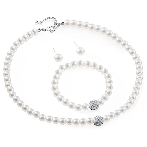 Yumikoo Set aus Halskette und Ohrringen aus Kunstperlen, Brautschmuck, Hochzeitsschmuck für Damen, 3-teilig, Kunstperlen, Perlen von Yumikoo