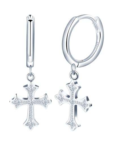 Yumilok Damen Creolen Ohrringe klassisch Kreuz Ohrstecker Kreuz Zirkonia Ohrhänger 925 Sterling Silber Ohrschmuck Hoop Huggie Piercing für Frauen Mädchen von Yumilok