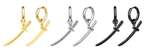 Yumilok 3 Paar Ohrstecker Hypoallergen für Damen Herren Creolen Ohrringe Set Schwert Dolch Ohrringe Ohrhänger von Yumilok