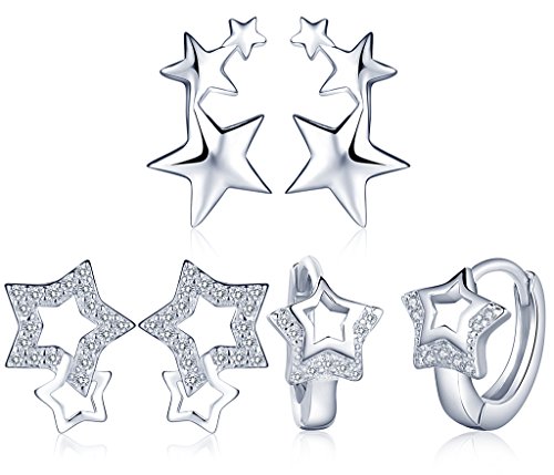 Yumilok 3 Paare 925 Sterling Silber Zirkonia Sterne Ohrringe Set Ohrstecker Creolen Ohrklemme Ohrschmuck für Damen Frauen Mädchen von Yumilok