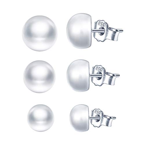 Yumilok 3 Paare Damen-Ohrstecker Ohrringe Süßwasser-Zuchtperlen in ca. 6mm 7mm 8mm Button weiß 925 Sterling Silber Perlenohrstecker mit echten Perlen für Frauen Mädchen von Yumilok