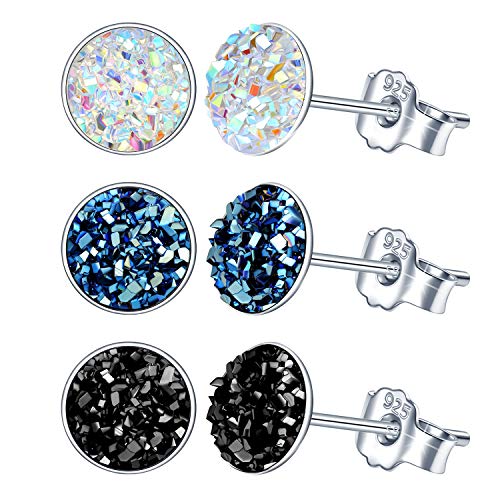 Yumilok 3 paar Damen Ohrstecker 925 Sterling Silber rund Kristall 8mm blau schwarz Weiß Schmuck Set Gestüt Piercing Ohrringe Ohrschmuck für Mädchen von Yumilok