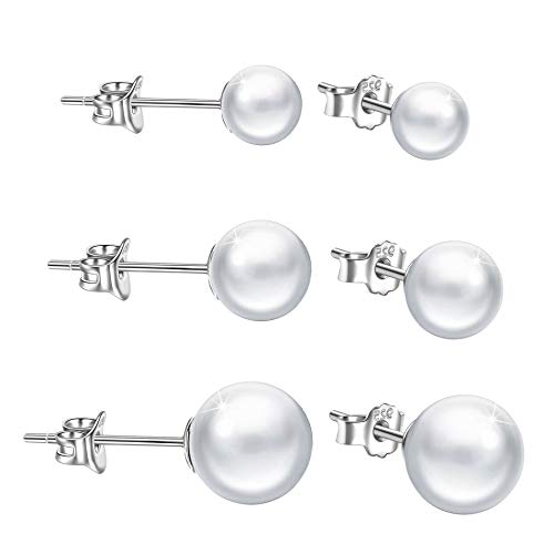 Yumilok 3 paar Damen Ohrstecker 925 Sterling Silber rund Perlen 4 6 8mm Weiß Schmuck Set Gestüt Piercing Ohrringe Ohrschmuck für Mädchen von Yumilok