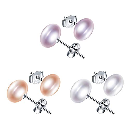 Yumilok 3 paar Damen Ohrstecker 925 Sterling Silber weiß lila rose Süßwasser-Zuchtperlen 8mm Gestüt Piercing Ohrringe Ohrschmuck für Mädchen von Yumilok