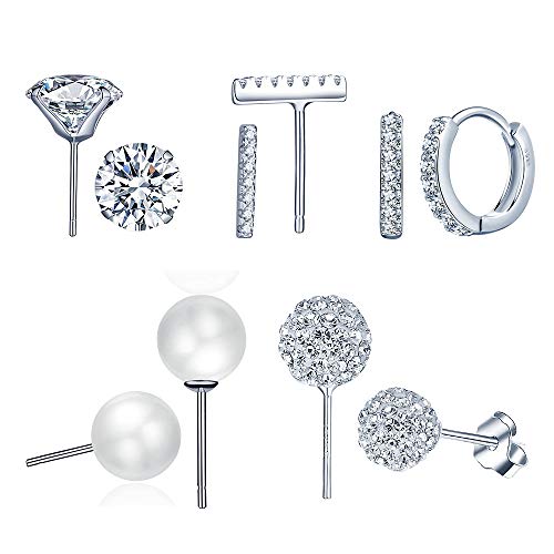 Yumilok 5 Paar 925 Silber Damen Ohrstecker Ohringe Creolen Schmuck Set Schamballs Kugeln Perle Stäbchen Zirkonia Solitär Piercing für Mädchen von Yumilok