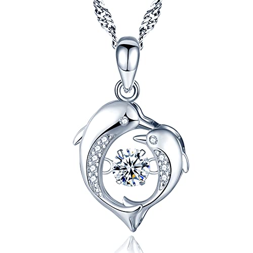 Yumilok 925 Silber Liebe Delphin Zirkonia Damen Halskette Kette mit Anhänger für Sie Frau Freundin Mama Valentinstag Weihnachten Muttertags von Yumilok