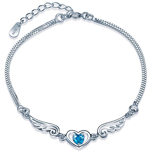 Yumilok 925 Sterling Silber Blau Zirkonia Herzen Engelsflügel Charm-Armband Armkette Verstellbar Armkettchen Armschmuck für Damen Mädchen von Yumilok