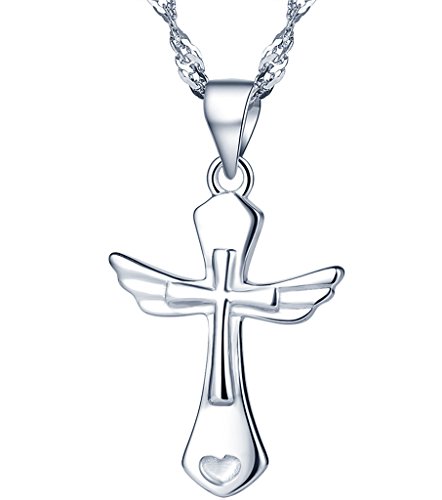 Yumilok 925 Sterling Silber Einzigartig Kreuz Engelsflügel Herz Anhänger Halskette Kette mit Anhänger für Damen Mädchen von Yumilok