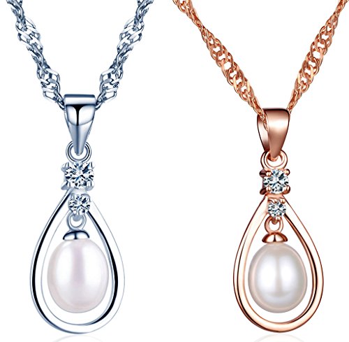 Yumilok 925 Sterling Silber Perle Zikonia Tränen Tropfen Anhänger Halsketten Ketten mit Anhänger für Damen Mädchen, 2 Stücke(Roségold und Silber) von Yumilok