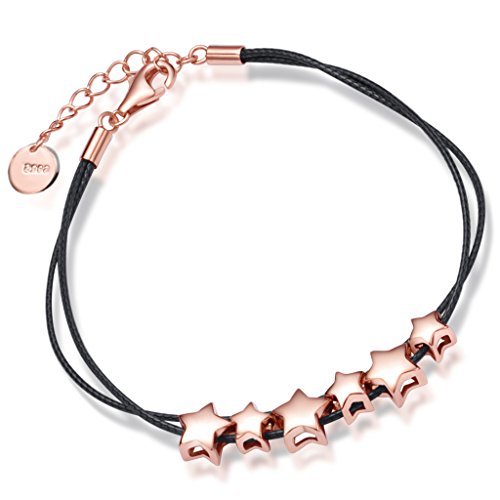 Yumilok 925 Sterling Silber Roségold Sterne Charm Armband Armkette Doppel Schwarz Baumwolle Strange für Damen Frauen Mädchen, 6.7-7.7" Verstellbar von Yumilok